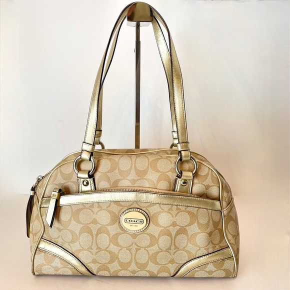 Coach Khaki/Gold Signature PVC/Leather Boston Shoulder Bag - Picture 1 of 13